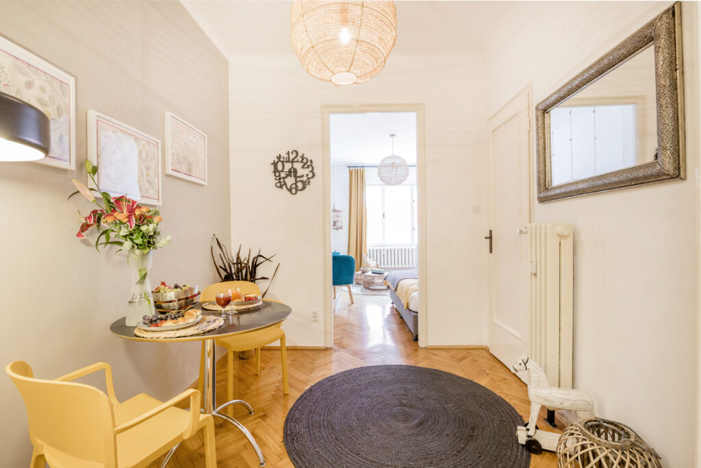 apartment consists of 1 separate bedroom, 1 bathroom with slippers and a hair dryer, and a seating area.